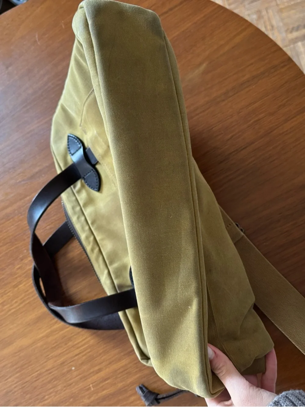 Filson Olive Canvas Briefcase with Black Leather Handles